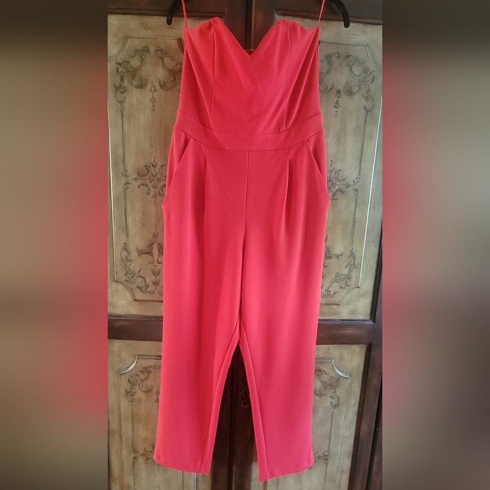 Express Red Strapless Jumpsuit